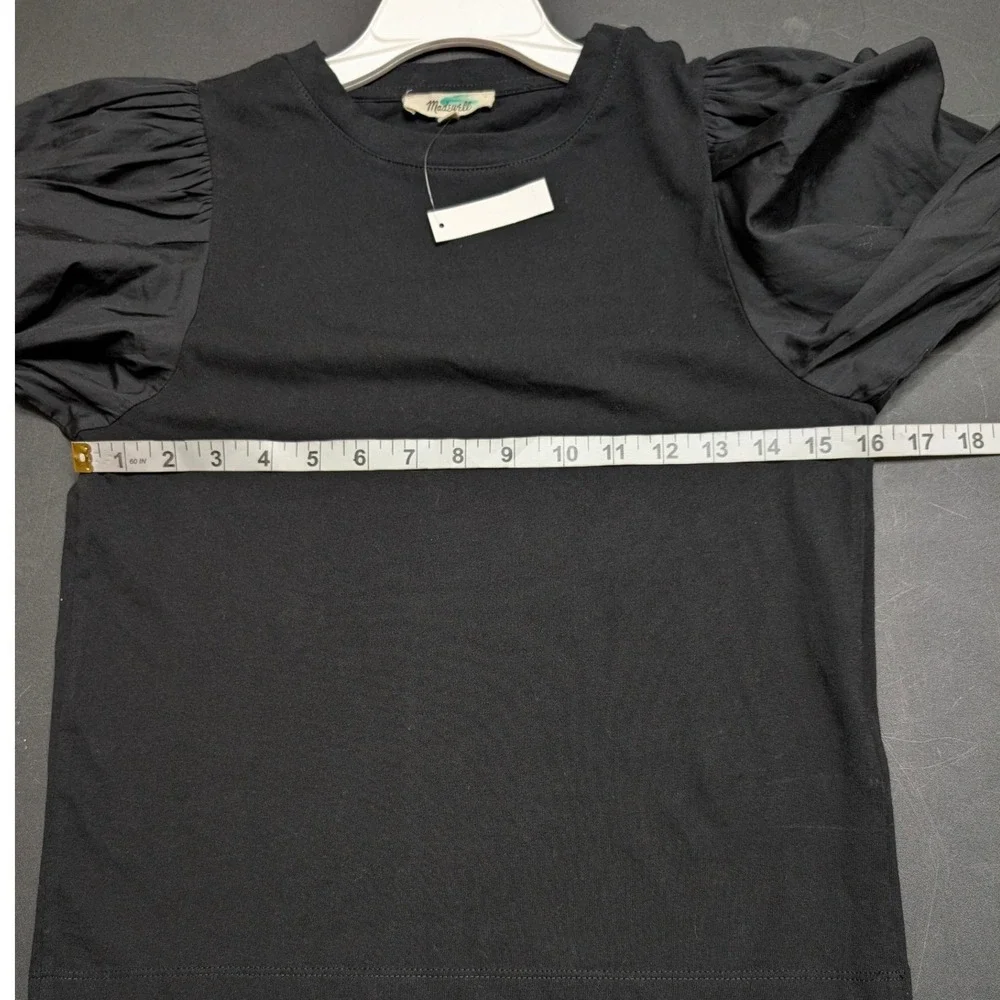 Madewell Black Pleated Puff Cuff Sleeve Mixed Media Cotton Poplin Top XS